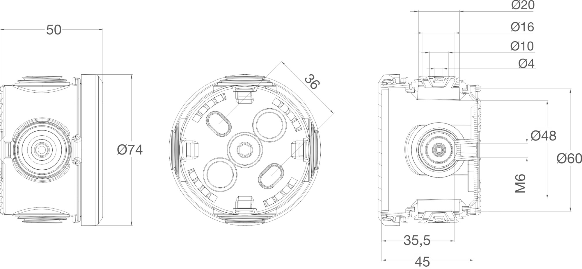 3025 | Caja estanca 4 conos IP65 45xØ60