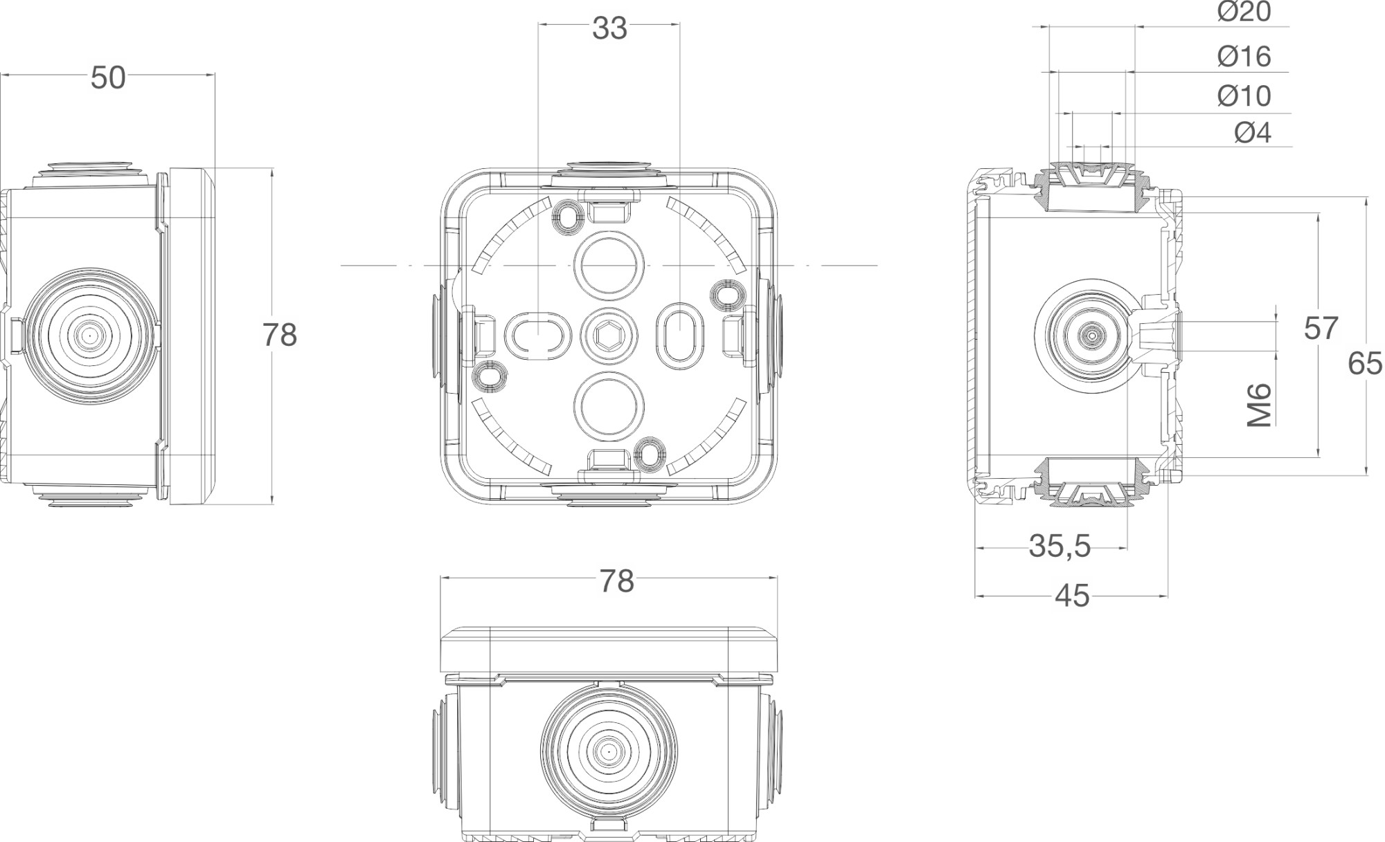 3026 | Caja estanca 4 conos IP65 65x65x45