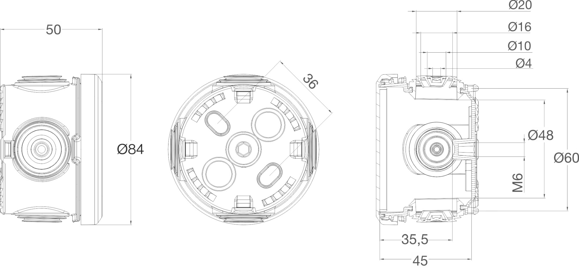 3027 | Caja estanca 4 conos IP65 45xØ70