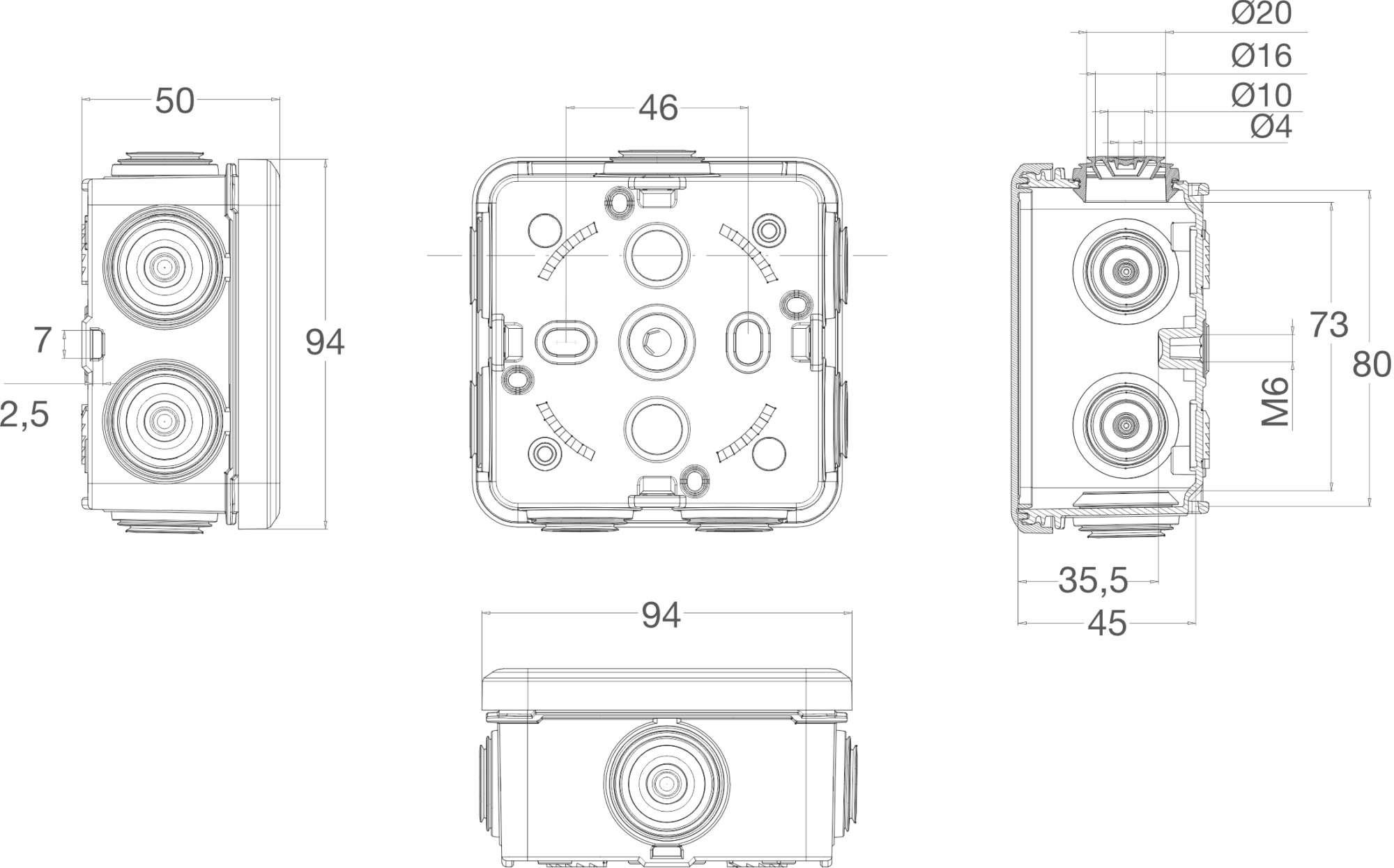 3028 | Caja estanca 7 conos IP65 80x80x45