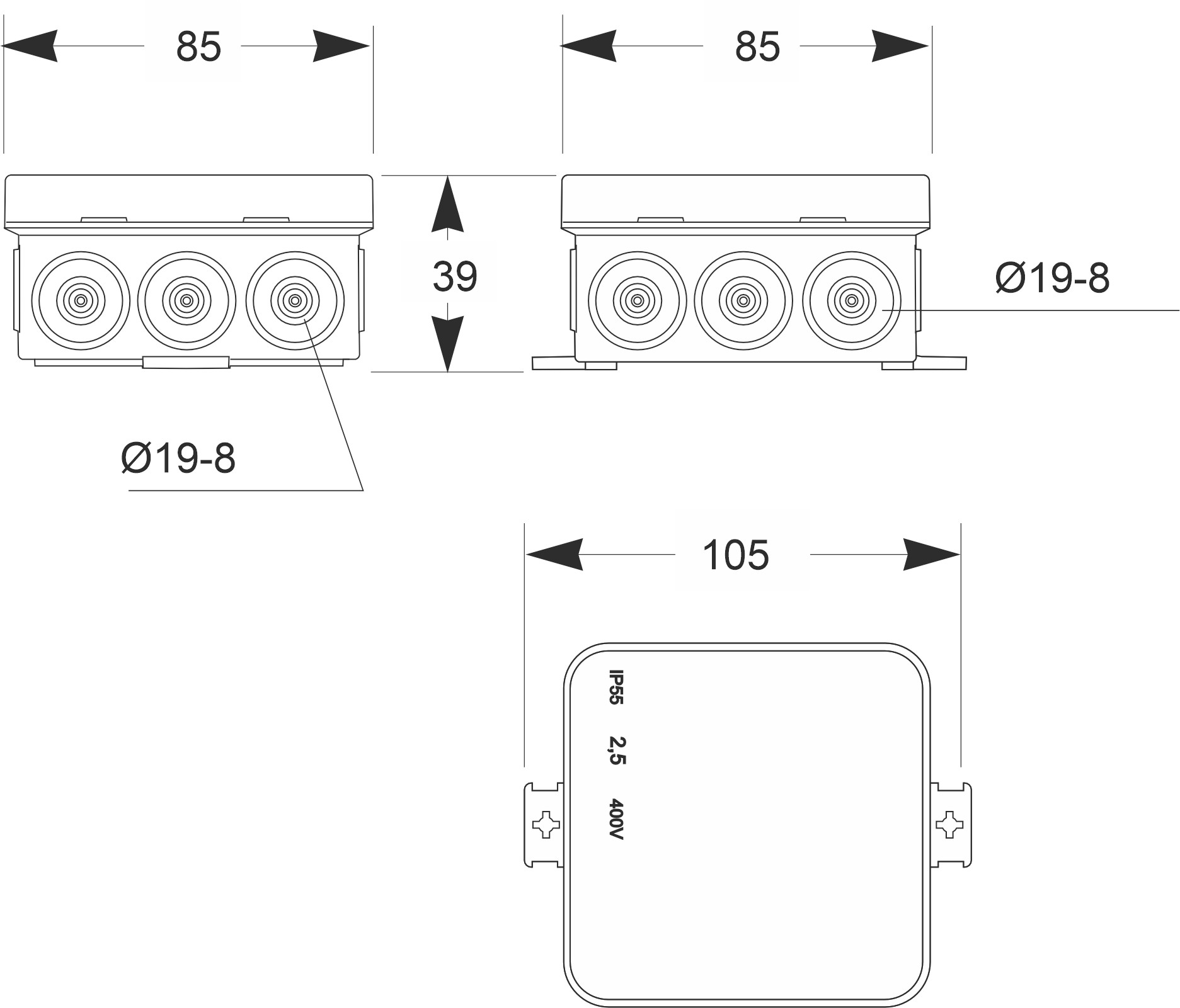 3052 | Minibox con entradas pretroqueladas IP55 85x85x39
