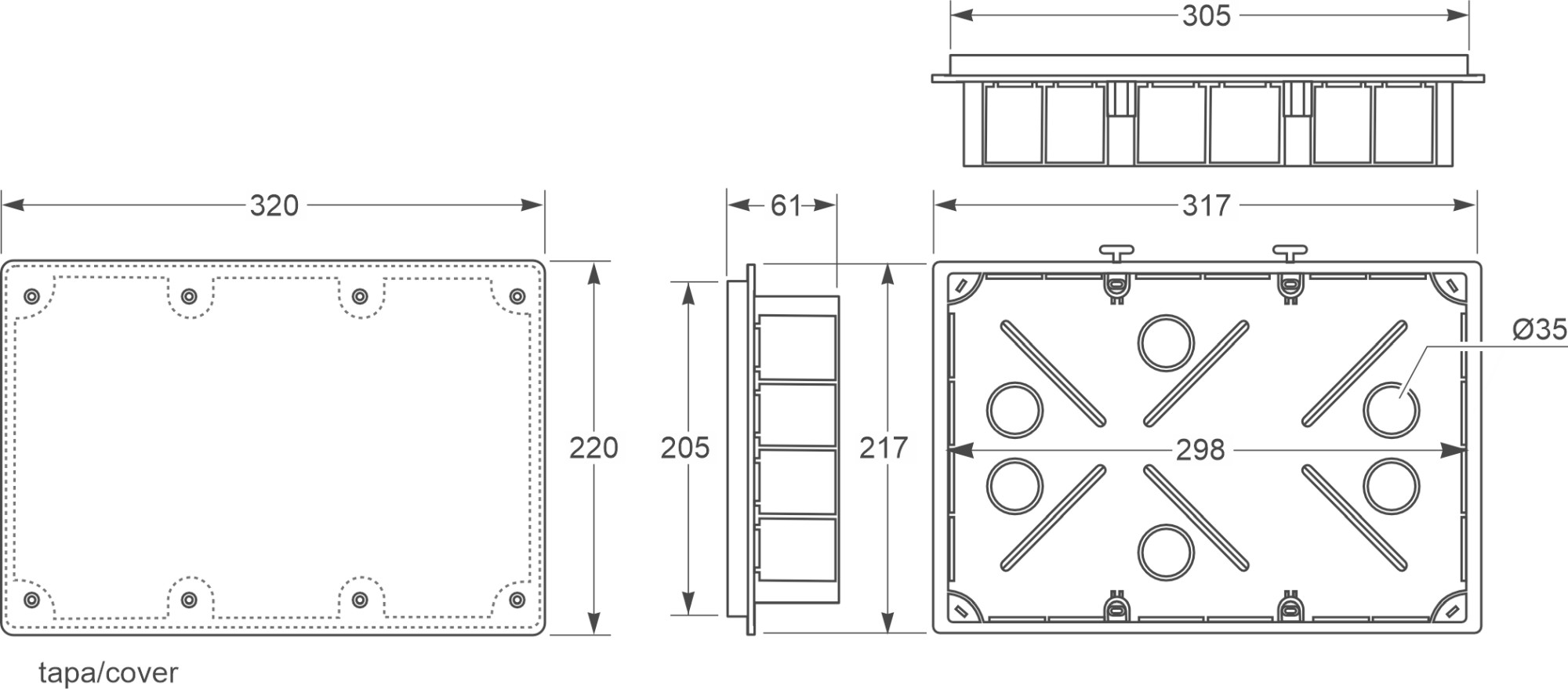 3222 | Caja derivación de empotrar IP30 217x317x60