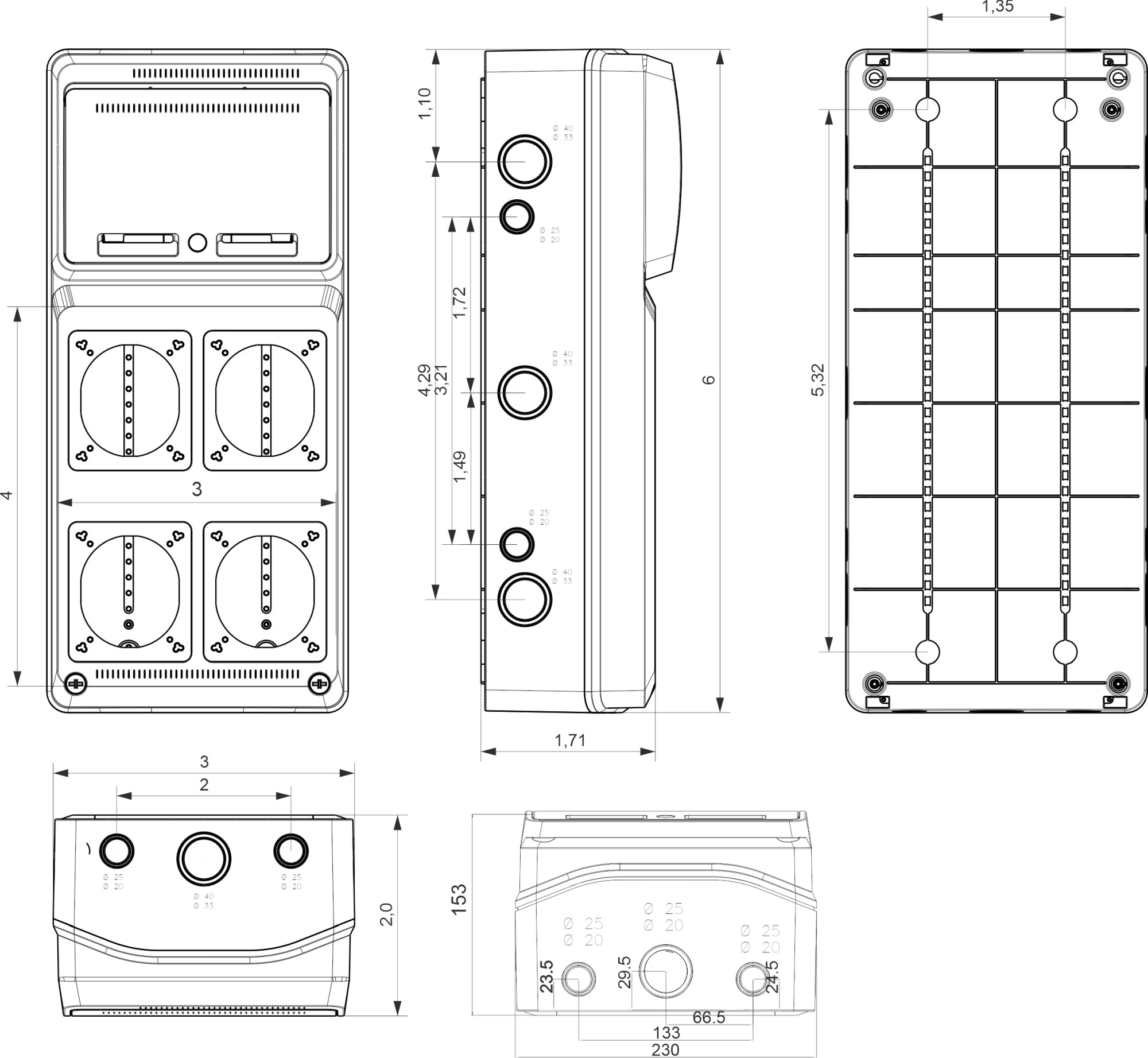 6507 | Envolvente cableada 8 módulos con 2 tomas 3P+N+T 16A + 2 tomas schuko IP54