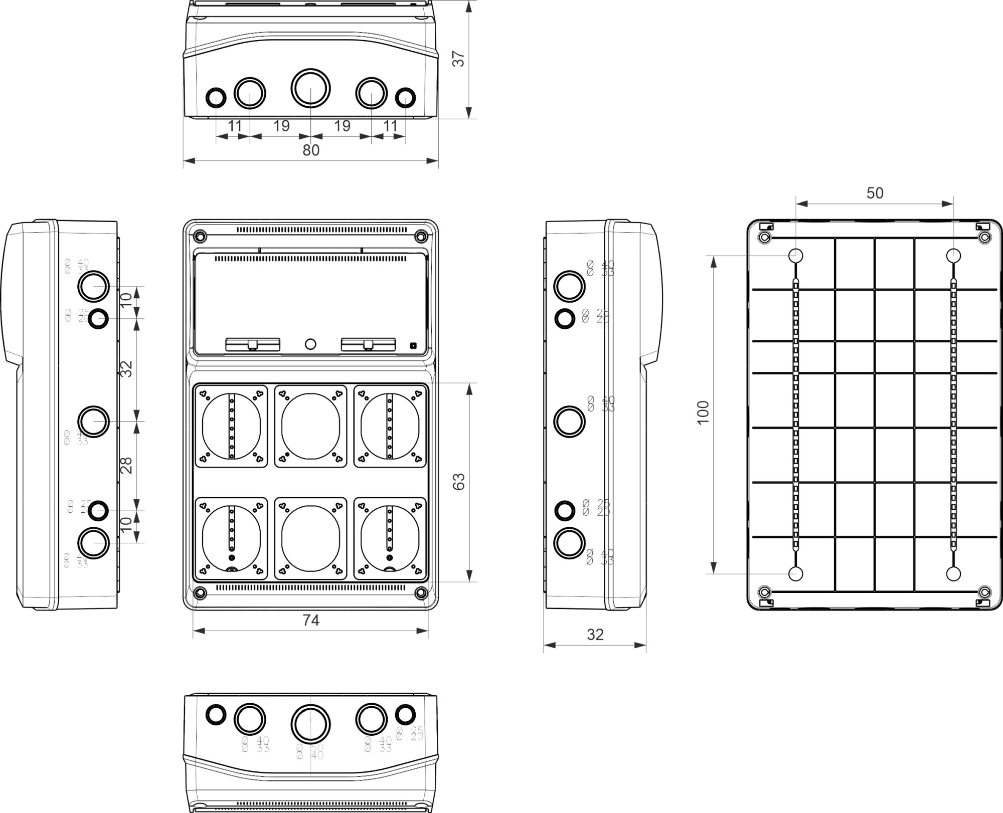 6605 | Envolvente cableada 16 módulos con 2 tomas 3P+T 16A + 2 tomas schuko + 2 tomas 3P+T 32A IP54