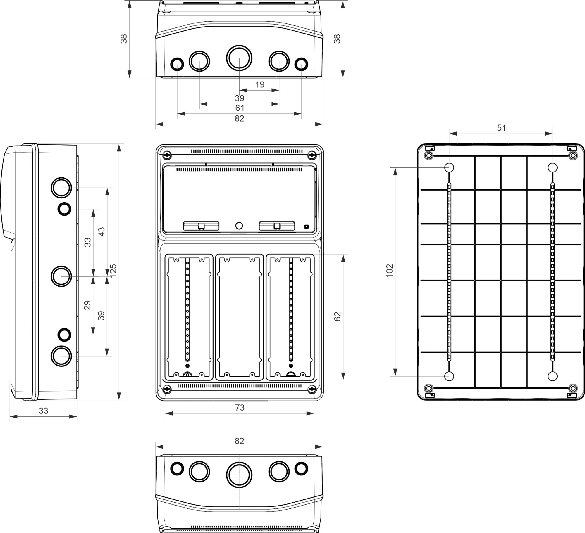 6304 | Envolvente cableada 16 módulos con 1 toma interblocante vertical 2P+T 16A + 1 toma interblocante vertical 3P+T 16A + 1 toma interblocante vertical 3P+N+T 16A IP65