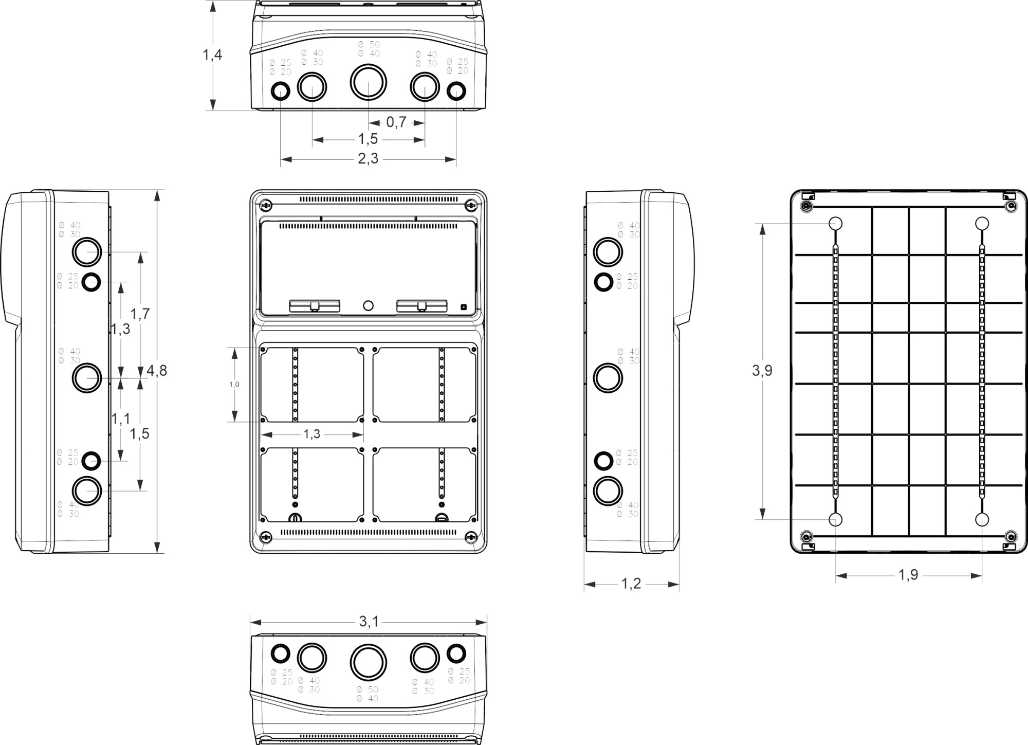 6902 | Envolvente cableada 16 módulos con 2 tomas interblocantes horizontales 2P+T 16A + 1 toma interblocante horizontal 3P+T 16A + 1 toma interblocante horizontal 3P+T 32A IP65