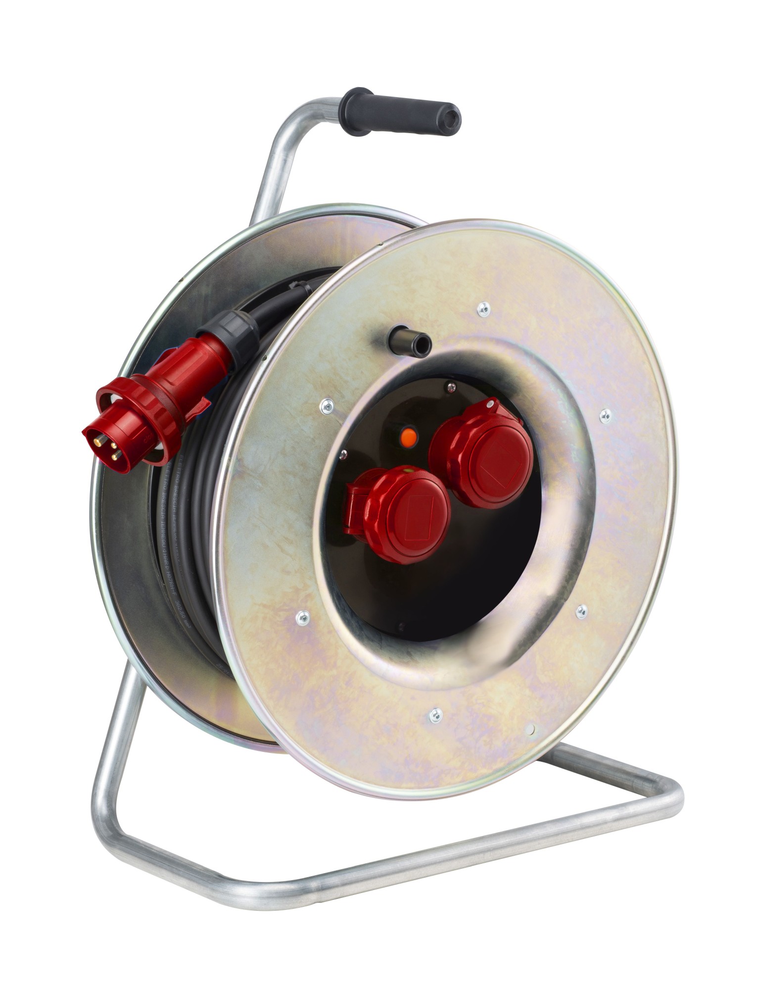 30052 | Enrollacable metalico IP55 50m; entrada: clavija industrial 3P+N+T 16A / salida: 2 bases industriales 3P+N+T 16A