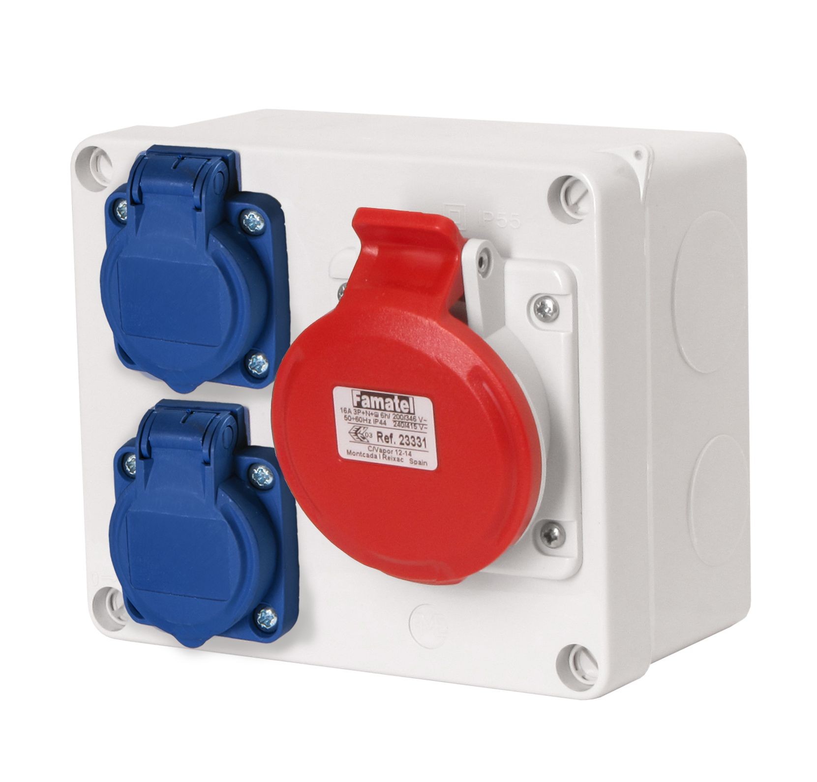 3069-1 | Caja estanca cableada con 2 tomas schuko + 1 toma 3P+N+T 16A IP44