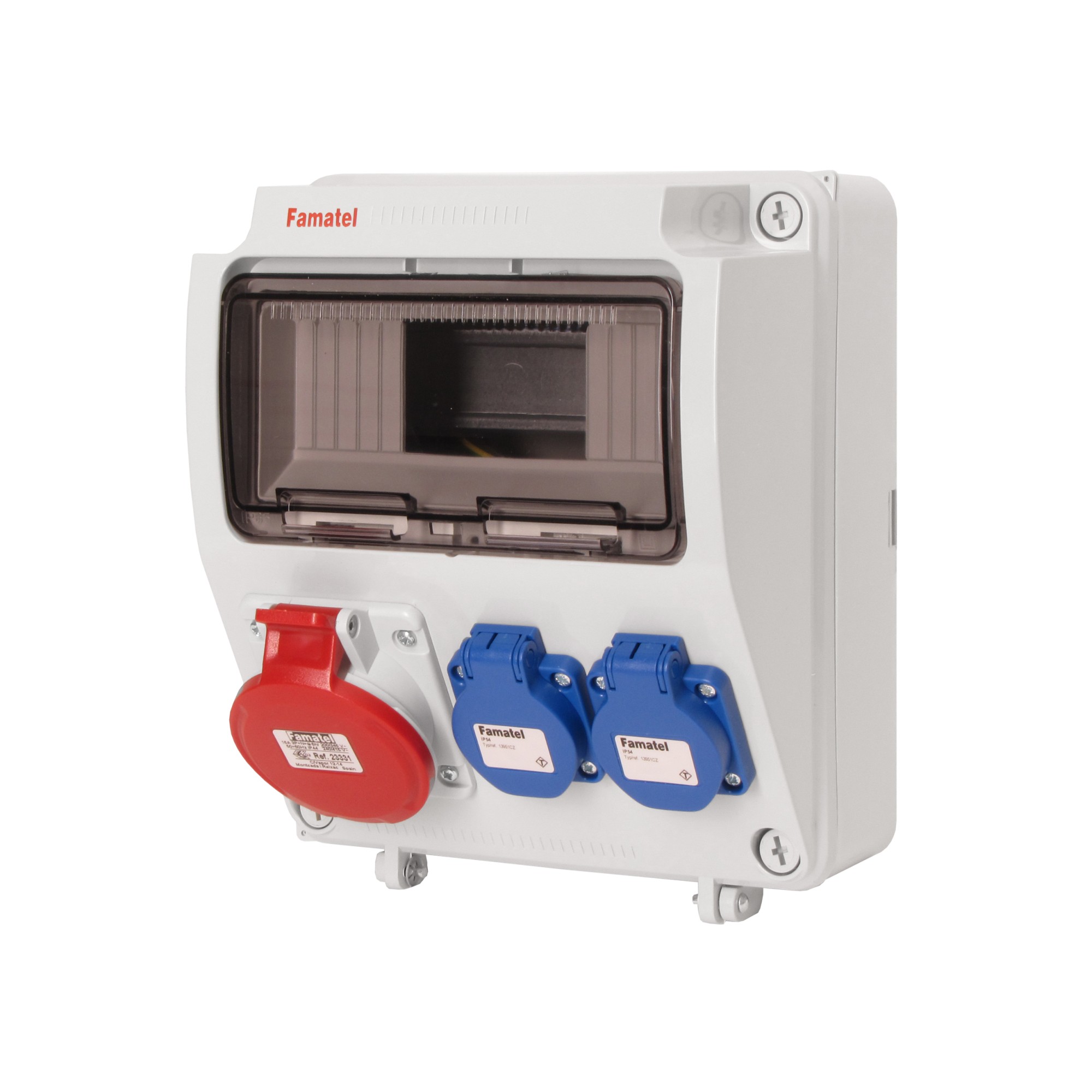 3957.1 | Envolvente cableada 9 módulos con 1 toma 3P+T 16A + 2 tomas schuko IP54