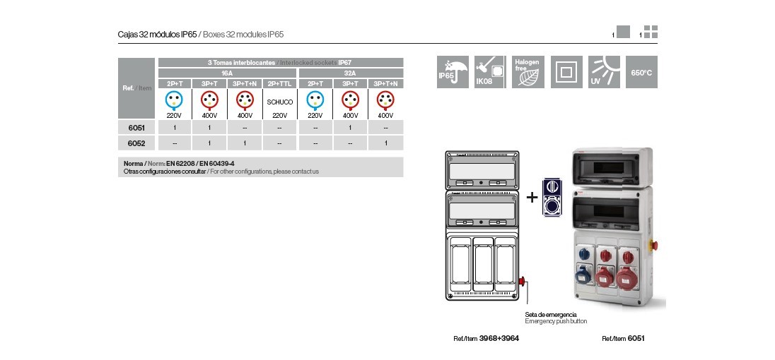 6052 | Envolvente cableada 32 módulos con 1 toma interblocante vertical 3P+T 16A + 1 toma interblocante vertical 3P+N+T 16A + 1 toma interblocante vertical 3P+N+T 32A IP65