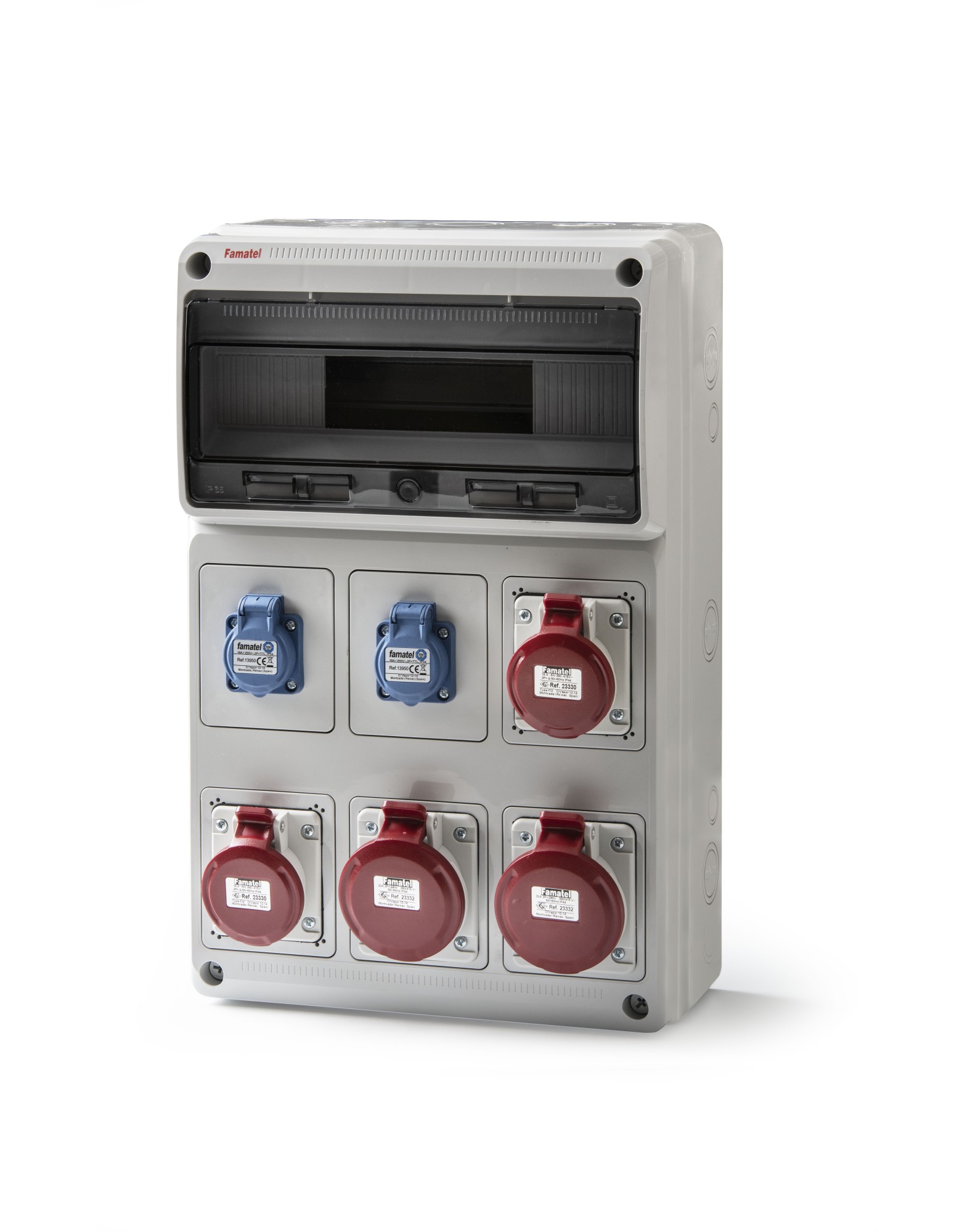 6602 | Envolvente cableada 16 módulos con 2 tomas 3P+T 16A + 2 tomas schuko + 2 toma 3P+T 32A IP54