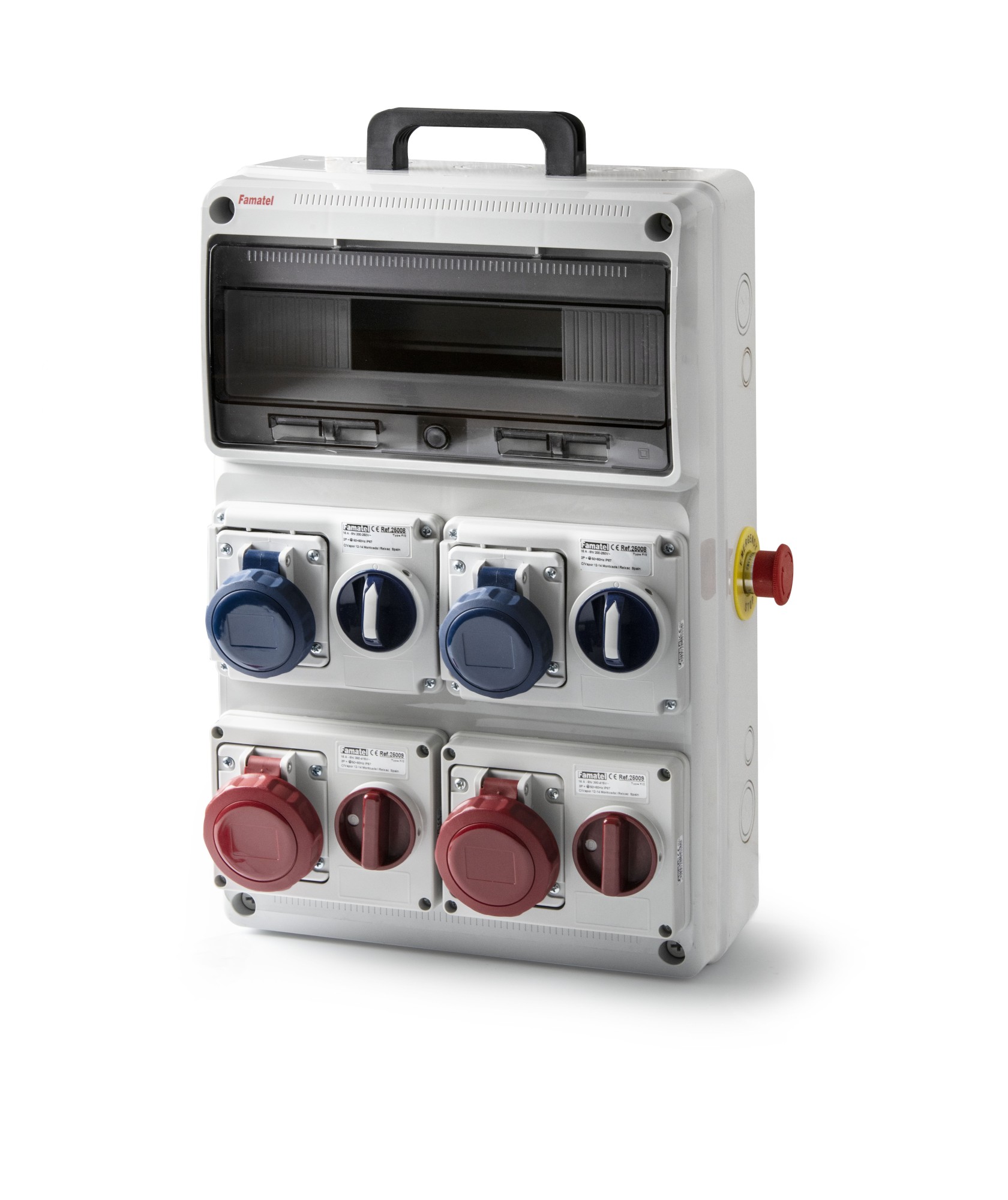 6901 | Envolvente cableada 16 módulos con 2 tomas interblocantes horizontales 2P+T 16A + 2 tomas interblocantes horizontales 3P+T 16A IP65