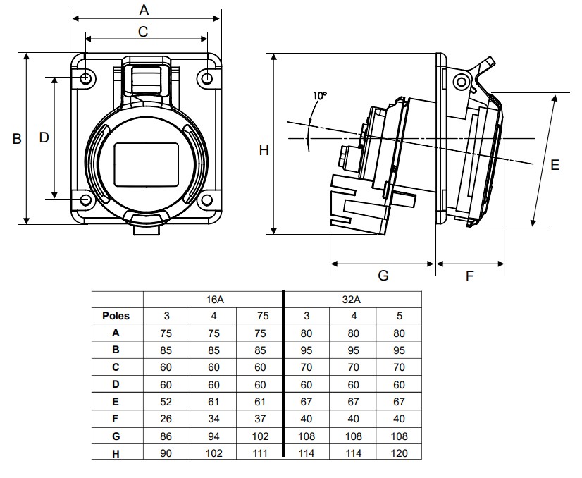 23M230 | Base inclinada 16A 2P+T 230V MSW ON/OFFF 6H IP44-54 placa 75x85