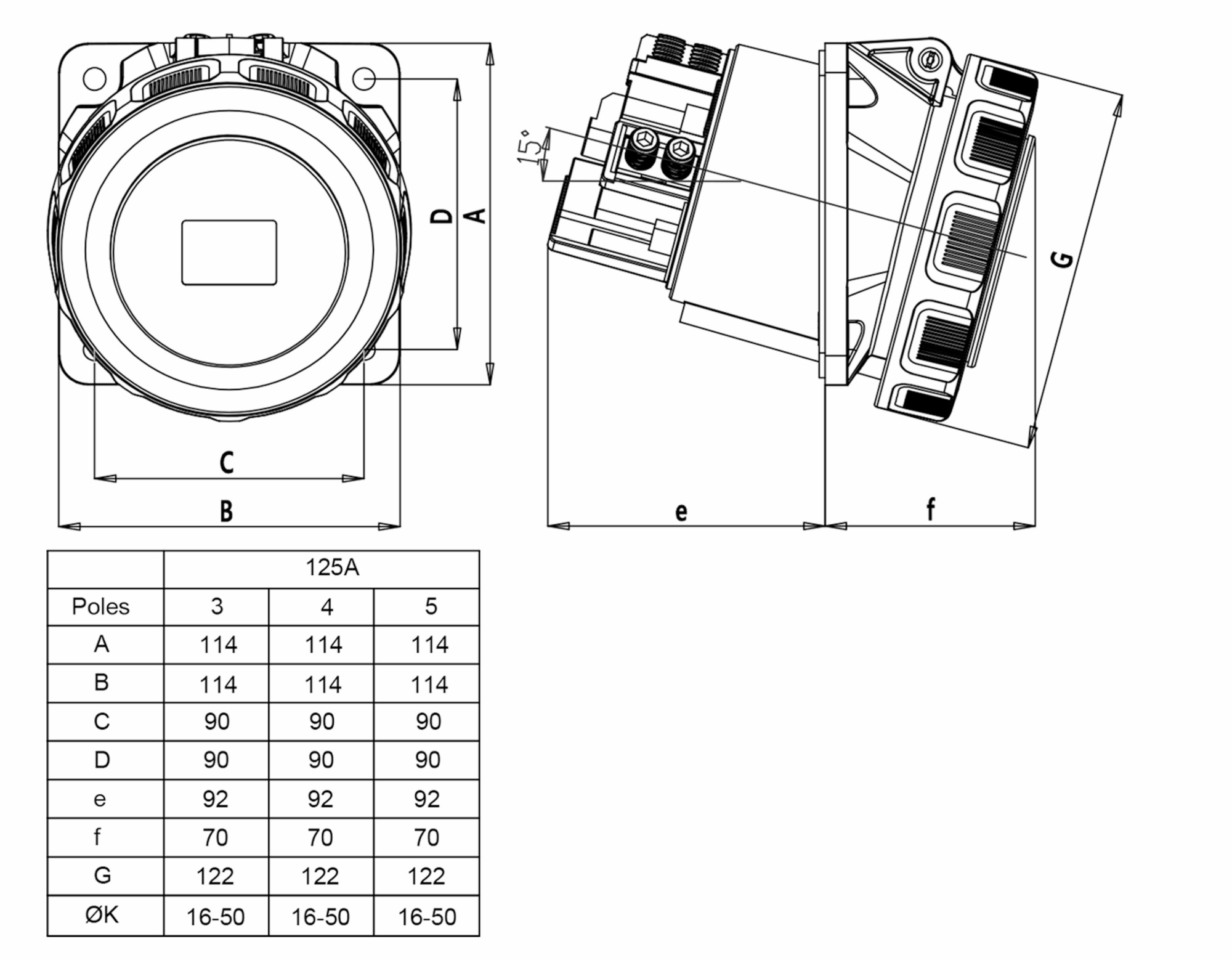 24237 | Base empotrar salida inclinada 15º 2P+T 125A IP67