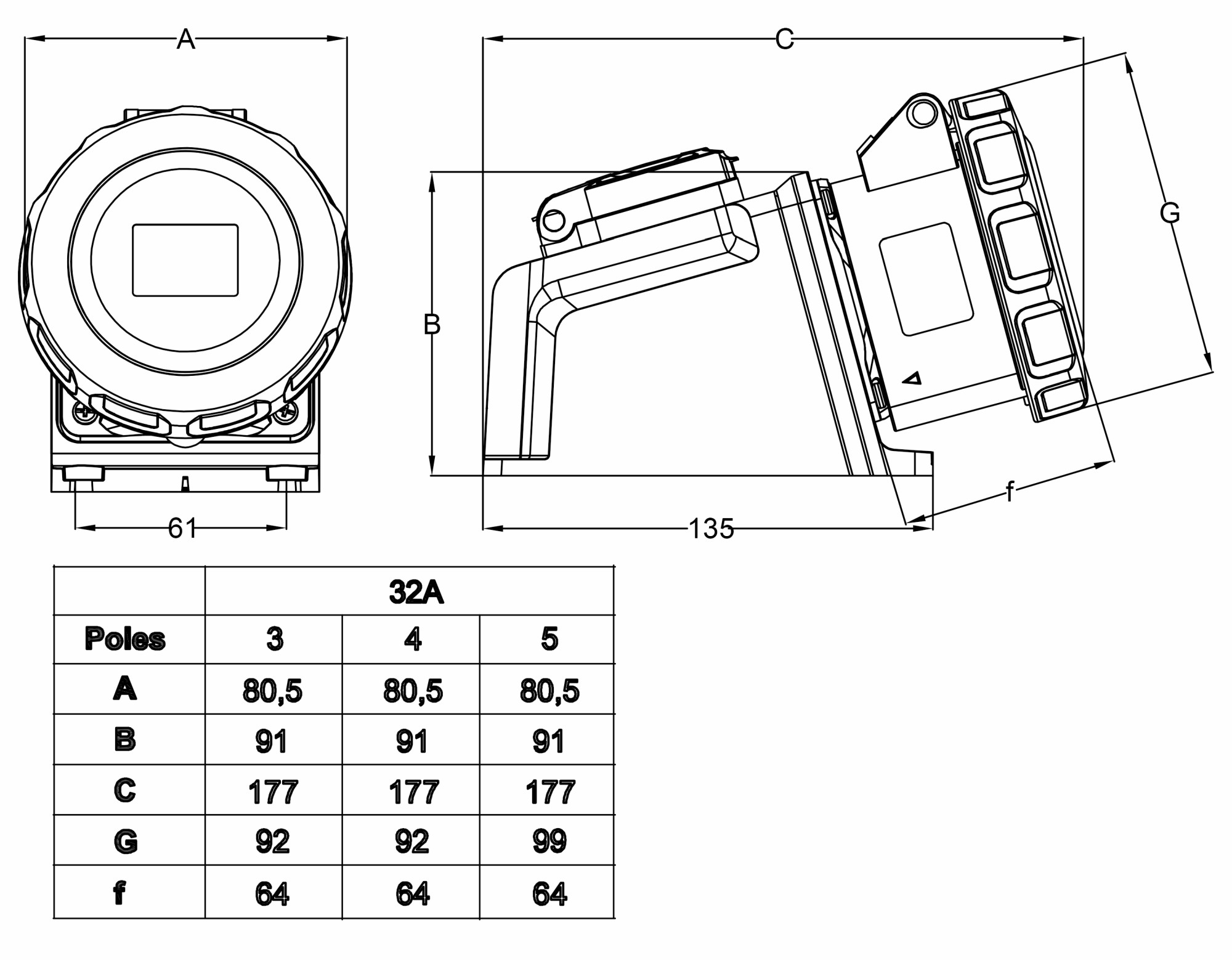 24629 | Base superficie 2P+T 32A + base schuko IP66/67