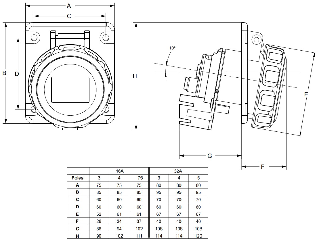 24M230 | Base inclinada 16A 2P+T 230V MSW ON/OFF 6H IP66-67 placa 75x85