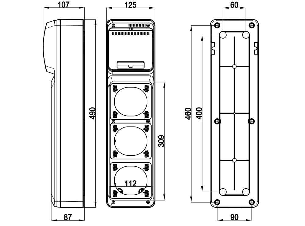 6409 | Envolvente cableada 6 módulos con 1 toma 2P+T 16A + 1 toma schuko + 1 toma 3P+N+T 32A IP54