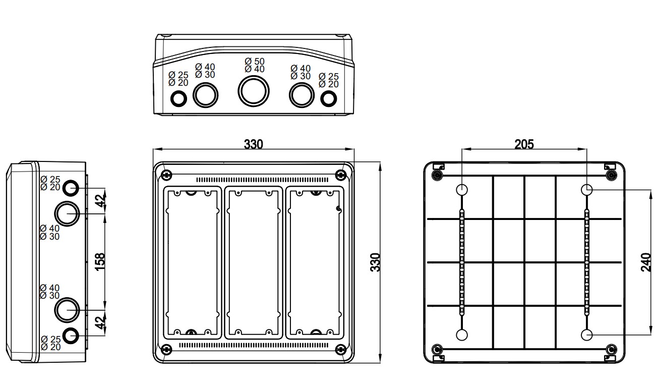 3969 | Envolvente pretroquelada para 3 bases interblocantes verticales IP65