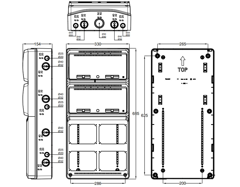 3979 | Envolvente pretroquelada 32 módulos para 4 tomas interblocantes horizontales IP65