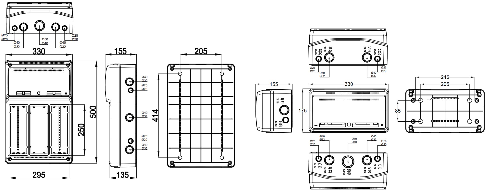 6052 | Envolvente cableada 32 módulos con 1 toma interblocante vertical 3P+T 16A + 1 toma interblocante vertical 3P+N+T 16A + 1 toma interblocante vertical 3P+N+T 32A IP65