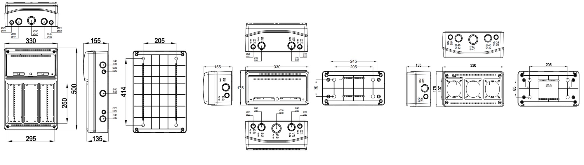 6053 | Envolvente cableada 32 módulos con 3 tomas interblocantes verticales 2P+T 16A + 2 tomas schuko IP65