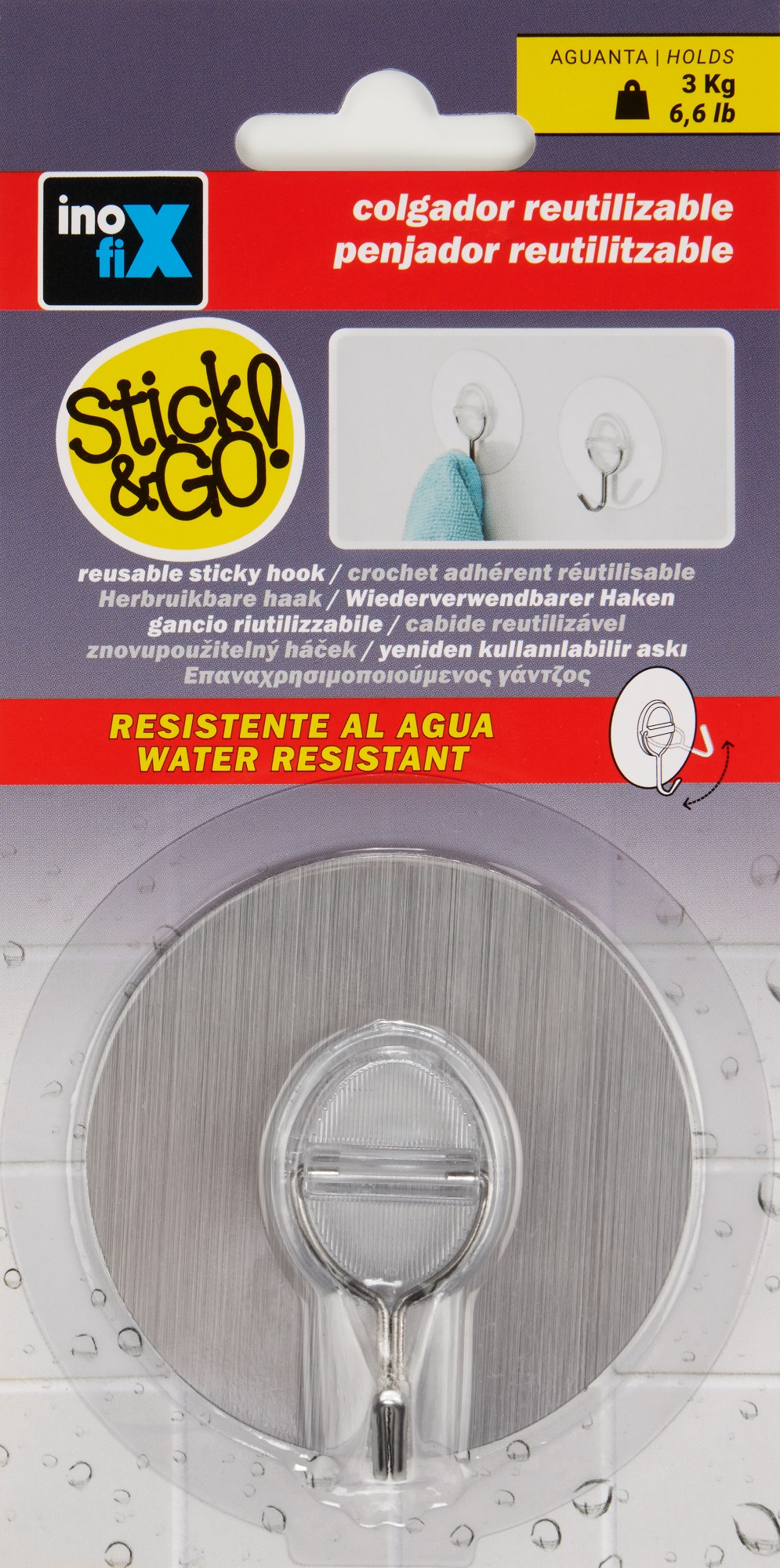 Colg. adherente reutilizable con gancho móvil / acero inox.