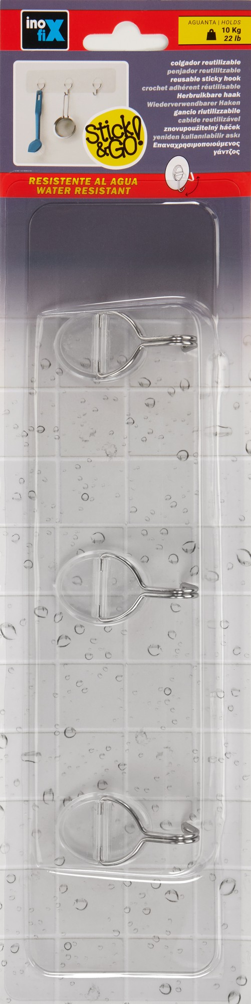 Colg. adherente reutilizable con tres ganchos móviles / transparente