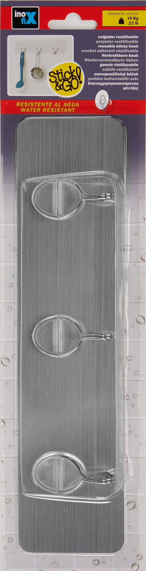 Colg. adherente reutilizable con tres ganchos móviles / acero inox.