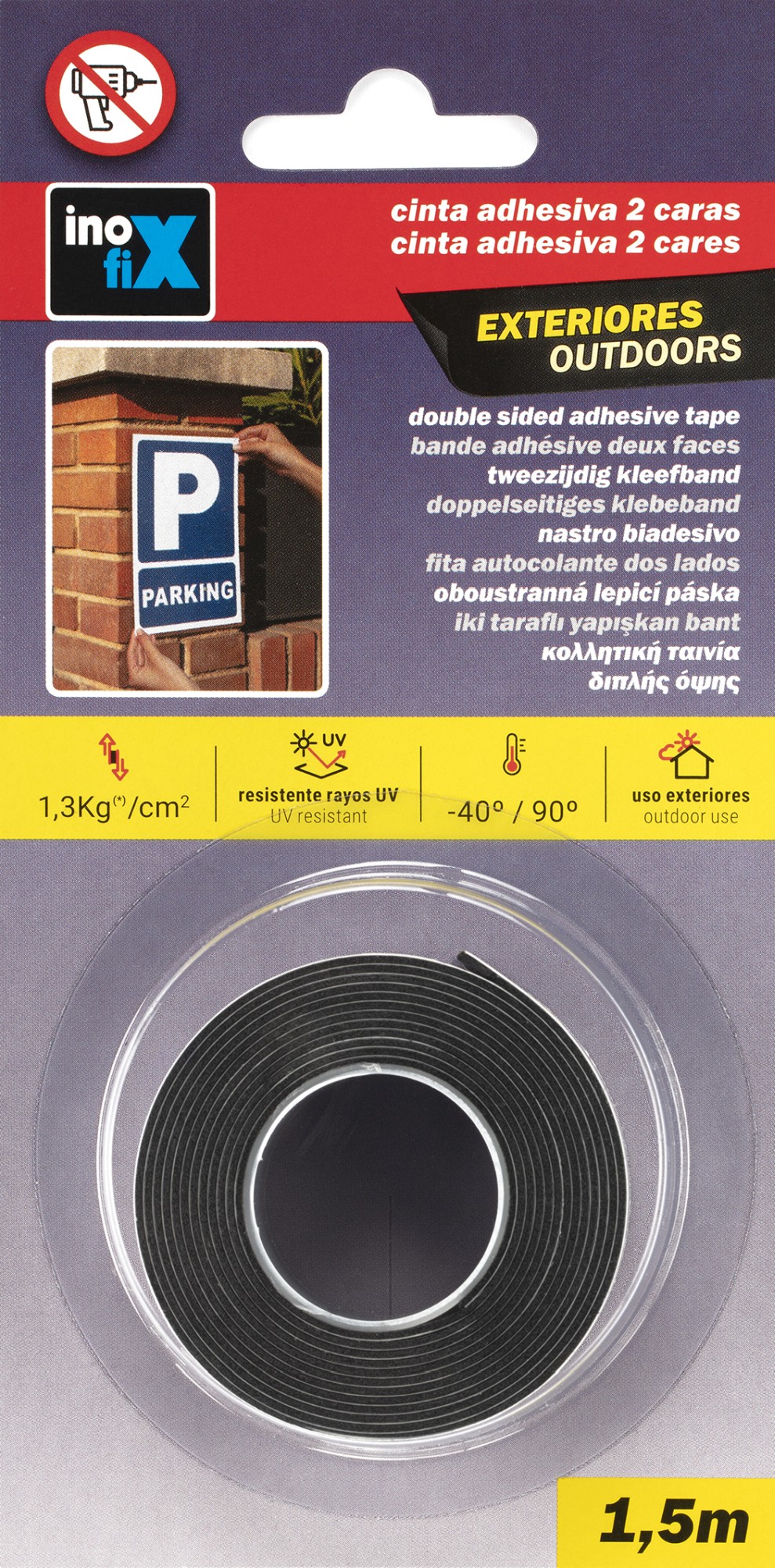 Cinta adhesiva 2 caras para exteriores 19 mm x 1,5 m / negro
