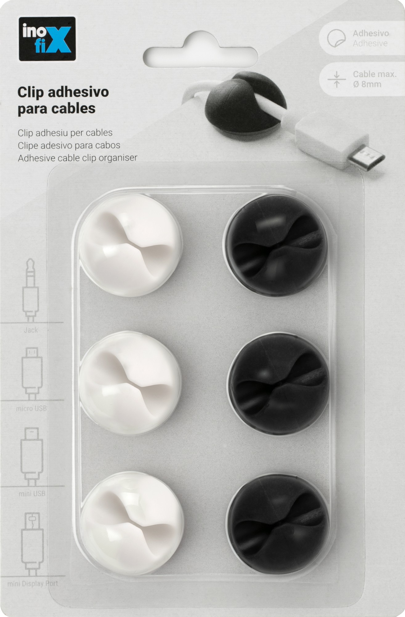 Clip adhesivo para cables / blanco-negro