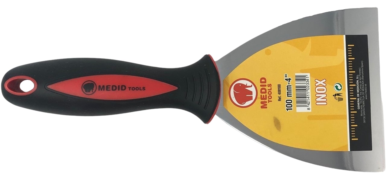 Espátula pintor inoxidable 100 mm mango bimaterial antideslizante.