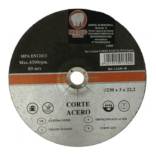 Disco corte acero diámetro exterior 230 mm espesor 3 mm