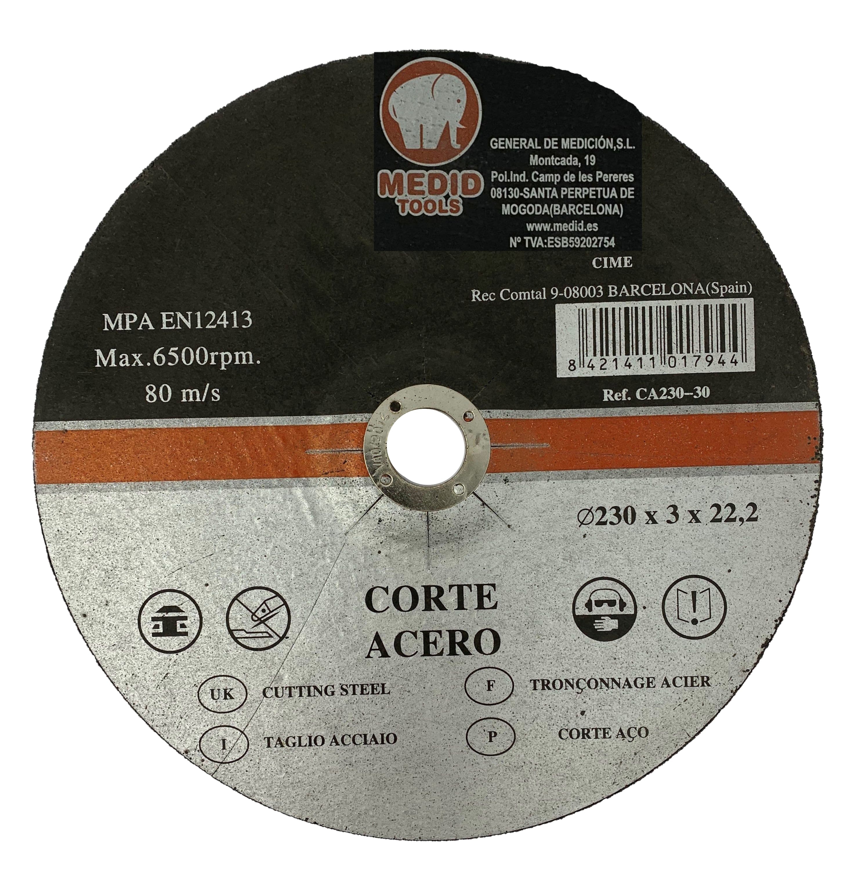 Disco corte acero diámetro exterior 230 mm espesor 3 mm