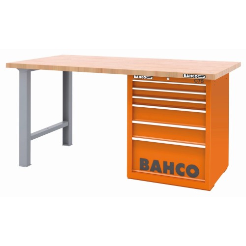 Banco de trabajo con baja altura encimera madera con dos patas y carro 6 cajones | 1495KH6WBTW