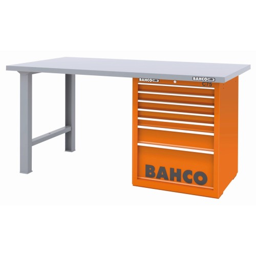 Banco de trabajo con baja altura encimera acero con dos patas y carro 7 cajones | 1495KH7WBTS