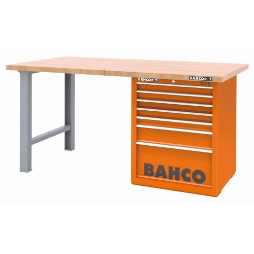 Banco de trabajo con baja altura encimera madera con dos patas y carro 7 cajones | 1495KH7WBTW