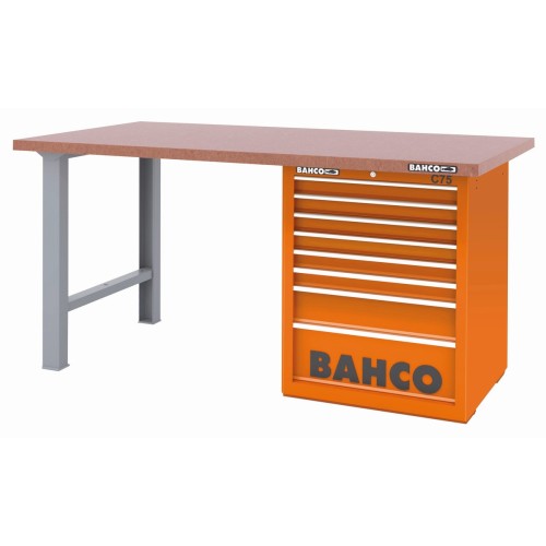 Banco de trabajo con baja altura encimera DM con dos patas y carro 8 cajones | 1495KH8WBTD