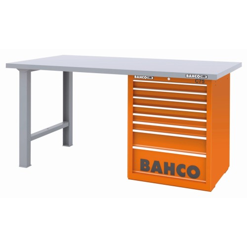 Banco de trabajo con baja altura encimera acero con dos patas y carro 8 cajones | 1495KH8WBTS