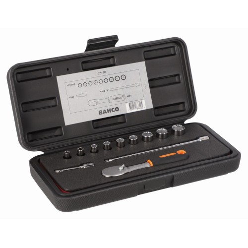 Juego de vasos con cuadrado de 1/4", con perfil hexagonal métrico y carraca con cabeza tipo pera | 6712R