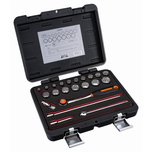 Juego de vasos con cuadrado de 3/8" con perfil bi-hexagonal métrico y juego de carraca con cabeza redonda | 7422MBR