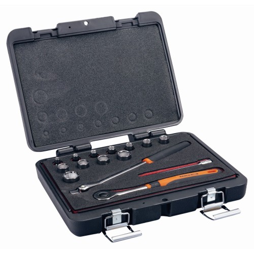 Juego de vasos con cuadrado de 3/8" con perfil hexagonal métrico y juego de carraca con cabeza redonda/mango articulado | 7440ME