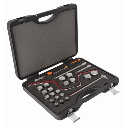 Juego de vasos con cuadrado de 1/2" con perfil bi-hexagonal métrico y juego de carraca con cabeza redonda | 7819DRN