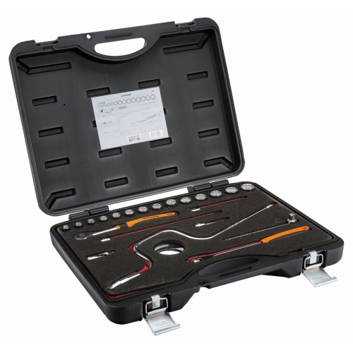 Juego de vasos con cuadrado de 3/8", perfil bi-hexagonal métrico y cabeza de carraca redonda/alargaderas | A7435DME