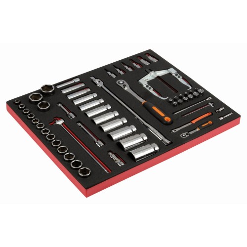 Juego de extractor, carraca de cabeza redonda y vasos en bandeja de foam 3/3 Fit&Go, 58 piezas | FF1A22