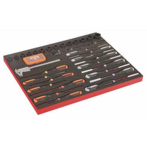 Juego de destornilladores ERGO, calibre, puntas y vasos de impacto de 1/2" en bandeja de foam 3/3 Fit&Go con marcado láser (65&nbsp;piezas) | FF1A222LM