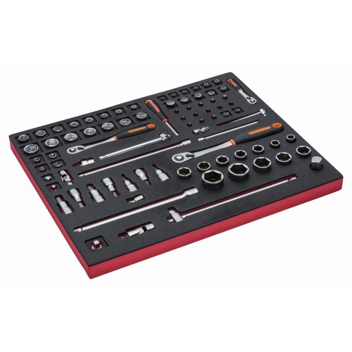 Juego de carraca de cabeza tipo pera/redonda y vasos de 1/4" + 1/2" + 3/8" en bandeja de foam 3/3 Fit&Go, 83 piezas | FF1A2501