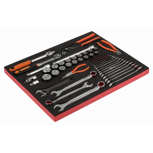 Llaves, alicates y vasos en bandeja de foam 3/3 Fit&Go con marcado láser (45&nbsp;piezas) | FF1A29NB