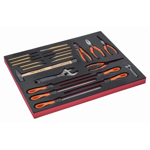 Composición de Llaves ajustables "inglesas", herramientas de golpeo, limas y alicates en bandeja de foam 3/3 Fit&Go, 22 piezas | FF1A5010