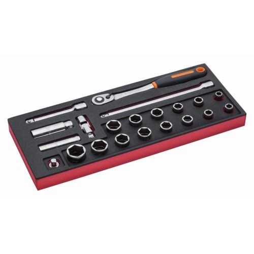 Juego de carraca de cabeza redonda y vasos de 1/2" en bandeja de foam 1/3 Fit&Go (21&nbsp;piezas) | FF1E2201