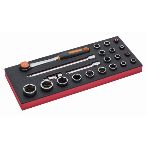 Juego de carraca de cabeza redonda y vasos de 1/2" en bandeja de foam 1/3 Fit&Go (22&nbsp;piezas) | FF1E2203